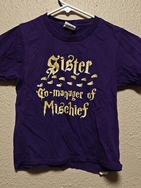 Kids Purple 'Sister Co-Manager of Mischief' Short Sleeve Tee